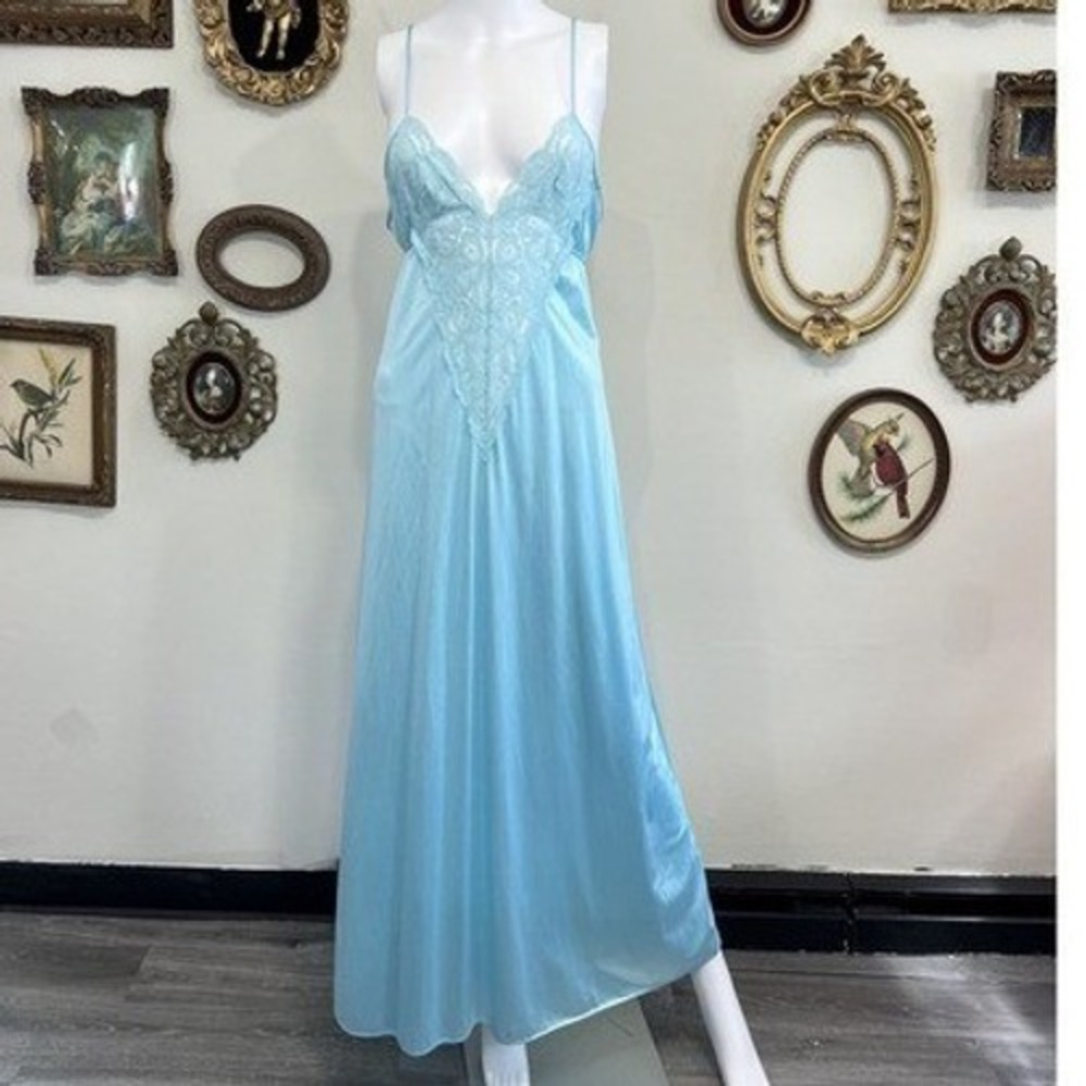 Vintage Interludes by Cira Blue Lace Bodice Maxi Nightgown Sleepwear Medium